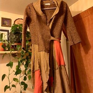 Boho Brown and Red Wool Handmade Pea Coat